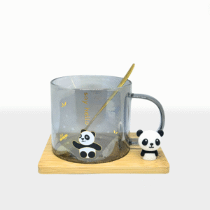 Set Taza Vidrio Panda con Cuchara
