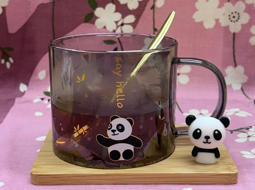 Set Taza Vidrio Panda con Cuchara