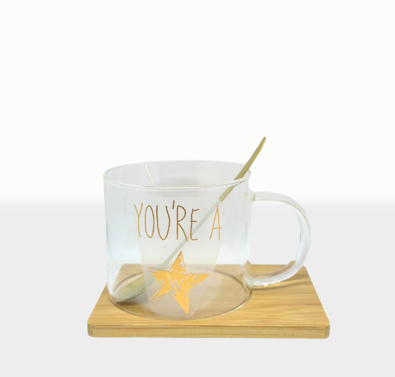 Set Taza Vidrio Estrella con Cuchara