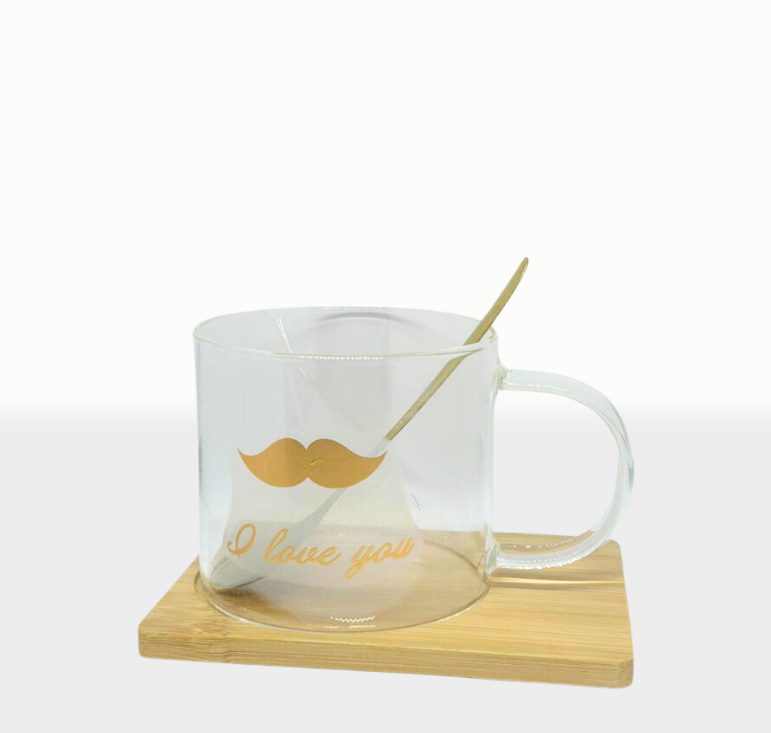Set Taza Vidrio Bigote con Cuchara