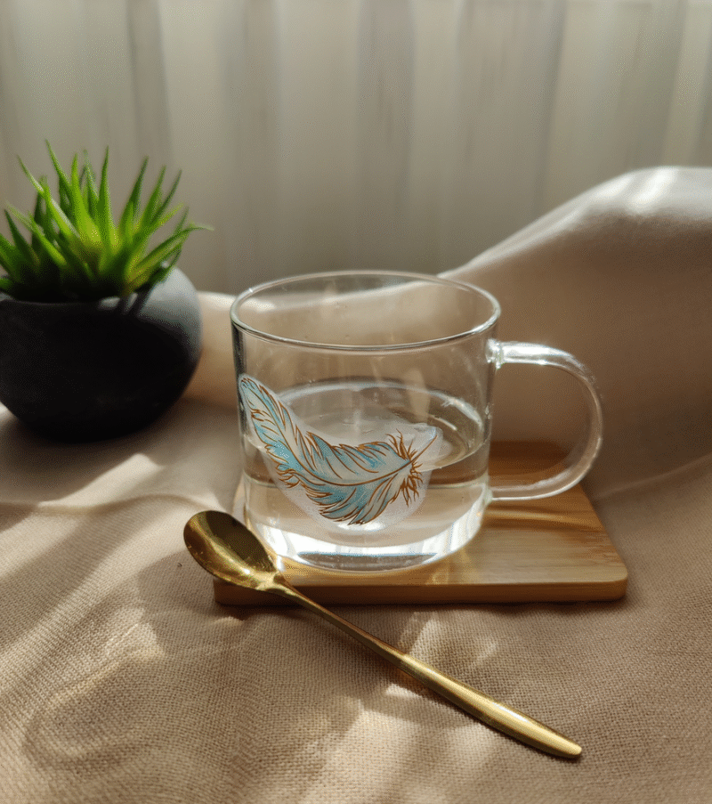 Set Taza Vidrio Pluma con Cuchara