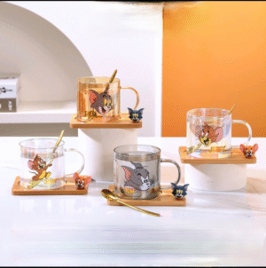 Taza Vidrio Color con Plato Gato y Raton