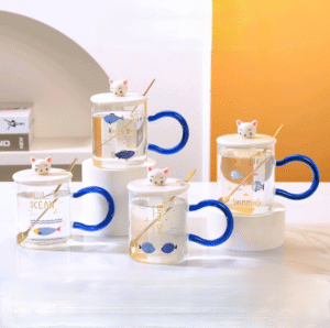 Taza Vidrio con Mango Azul Gato y Peces