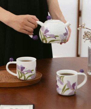 Set de Tazas con Tetera Flor-Blanca