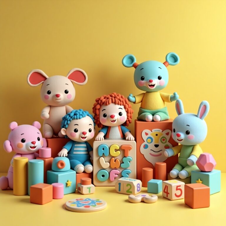 imagen ilustrativa que contiene juguetes con forma de letras, peluches con forma de animales, cubos, encastres, rompecabezas, muñecos